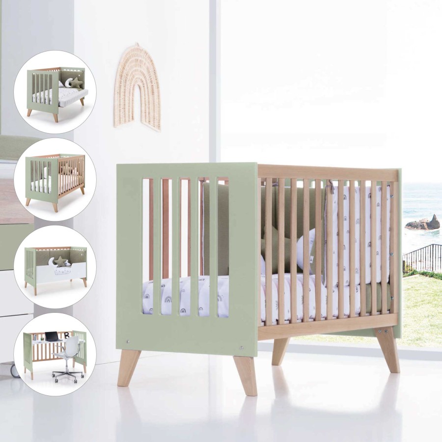 Kinderbetten Fur Kinder Alondra | Wooden & Olive-Green Co-Sleeping Cot 4 In 1 Nexor Erba · C187R-M5695